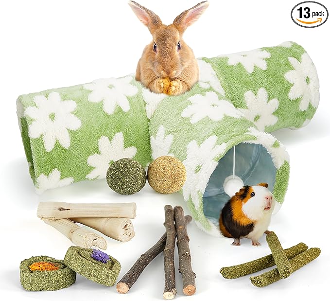 Bunny Tunnels & Tubes Collapsible 3 Way Rabbit Hideout with 13pcs Toys for Bunny Guinea Pig Hamster Chinchilla Hedgehog Rat Ferret Kitten (Flannel Flower)