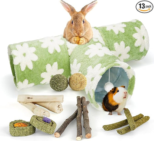 Bunny Tunnels & Tubes Collapsible 3 Way Rabbit Hideout with 13pcs Toys for Bunny Guinea Pig Hamster Chinchilla Hedgehog Rat Ferret Kitten (Flannel Flower)