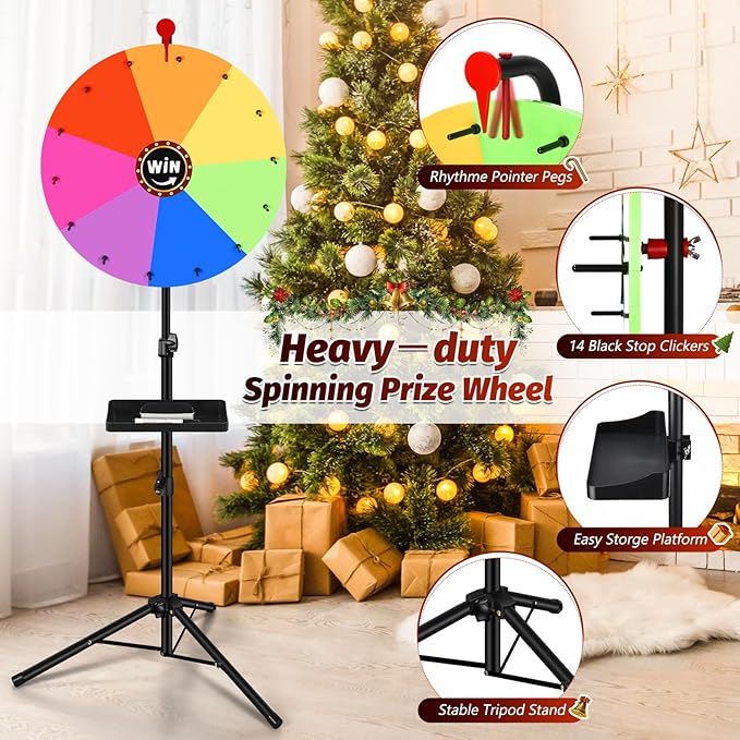 GADFISH Spinning Prize Wheel, Ajustable 37"-65" Height Spin Doodle Game Spinner, Storable Prize Wheel Spinner with Stand, Wheel of Fortune Game, 14 Slots (18")