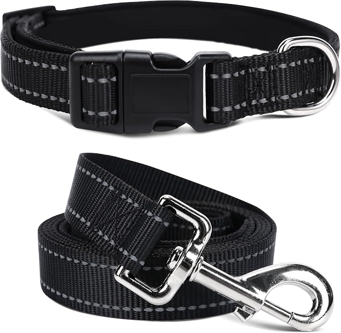 Soft Neoprene Padded Dog Collar and Leash Set for Small Medium Large Dogs, Reflective Durable Nylon Dog Collar with 5ft Leash Easy for Walking, Black,Neck fit 12.5-19.5’’