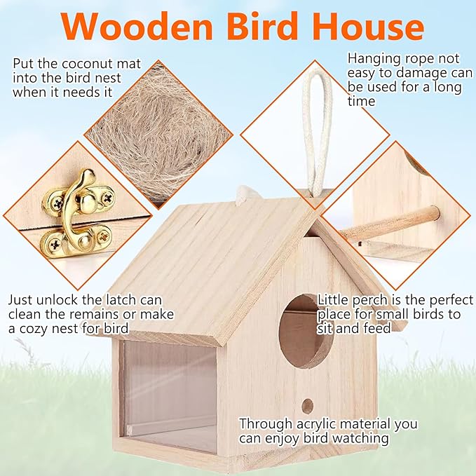 Tfwadmx Wooden Bird House Transparent Outdoor Bird House Hanging Nests Box Garden Patio DIY Decorative for Wren Swallow Sparrow Hummingbird Finch Throstle