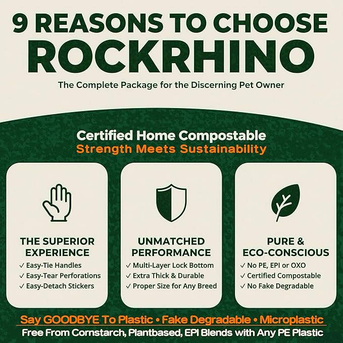 Ultra Thick RockRhino Dog Poop Bags - ECO Heavy Duty, Multi-Layer Bottom, 0% Plastic, 100% Home Compostable, Mint-Scented, Easy Open Tie Handles, Glove-Like Fit - 120 Bags