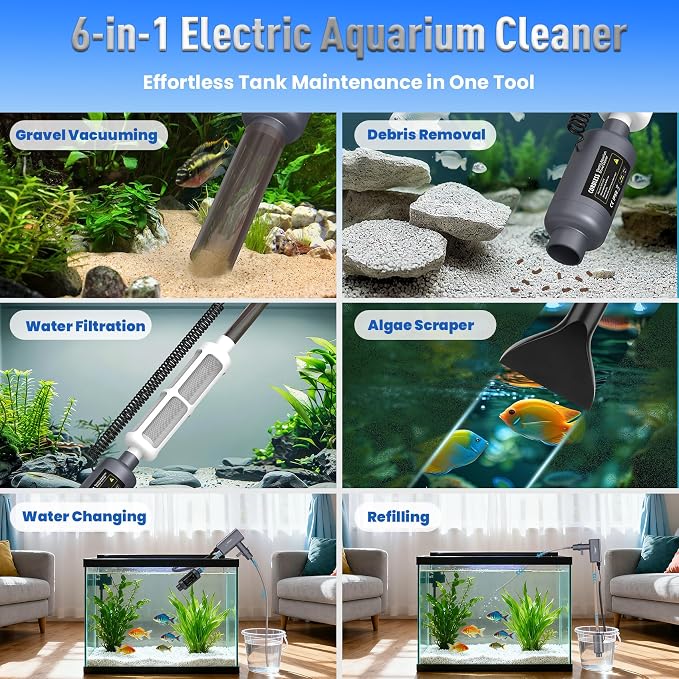 Cordless Aquarium Gravel Cleaner: 36W Electric Fish Tank Vacuum Cleaner | Rechargeable & 4 Adjustable Suction, Anti-Clog for Debris Clean & Sand Washing,Automatic Water Changer for 10-75 Gallon Tank