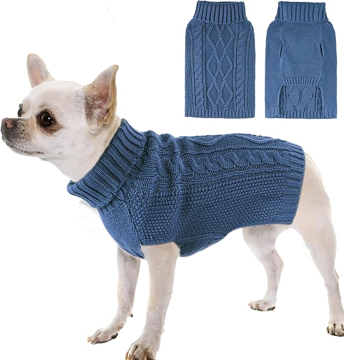 Cute Puppy Turtleneck Sweater for Small Dogs - Warm Dog Clothing for Dachshunds & Cats - Blue, Large