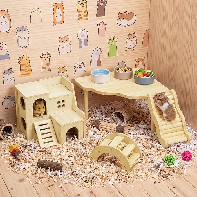 BreezeHug 4 Pcs Hamster Platform Hideout Wooden Tunnel Ladder Playhouse Hamster Game Climbing Toy with Platform Cage Accessories for Pets Dwarf Syrian Mice Degus Gerbils Squirrel(Villa)