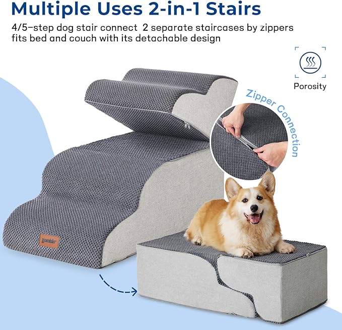 ZOMISIA Dog Stairs for High Beds - Pet Stairs Ramp for Couch, 35D Foam Dog Steps for Small to Large Pets, with Non-Slip Bottom Brown, 5 Steps