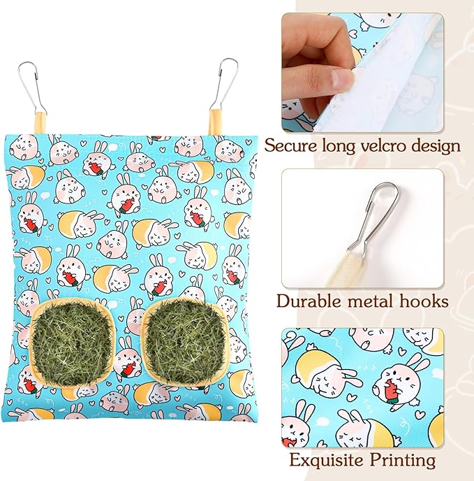 UPINS 3 Hay Bag for Rabbits 2-Hole Hanging Hay Feeder Guinea Pig Hay Bags, Hay Feeder for Rabbits Chinchillas Hamsters Small Pets and Animals(Light Color)