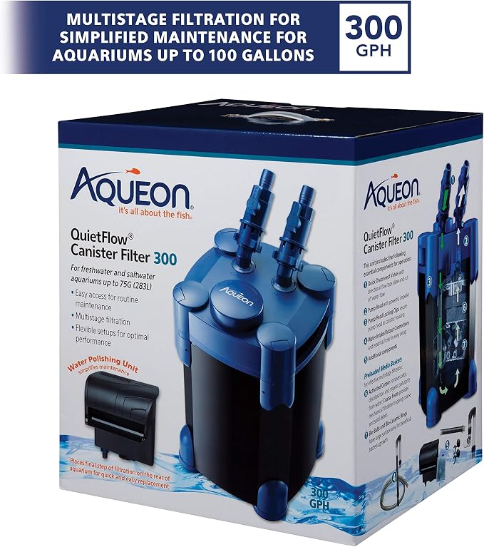 Aqueon QuietFlow Aquarium Fish Tank Canister Filter for 55-100 Gallon Aquariums | 55-100 gallon fish tank filter with biological, chemical and mechanical stages, spray bar and polishing unit