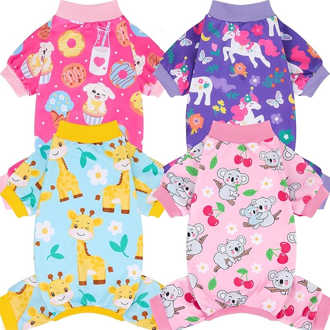 XPUDAC 4 Pieces Dog Pajamas for Small Medium Sized Dogs Stretchable Dog Pjs Soft Puppy Clothes Boy Girl Cats Pet Outfits, XX-Large