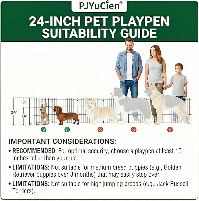 PJYuCien Dog Playpen with Bottom Pad - Metal Foldable Exercise Pen, 8 Panels 24" H x 24" W Indoor Outdoor Pet Fence Puppy Crate Kennel, Gray