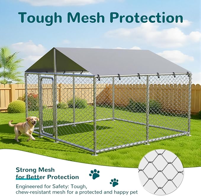 7.8'x7.8' Outdoor Dog Kennel, Heavy-Duty Dog Run with Wire Mesh Fence, Lock & Waterproof Cover for Large Dogs
