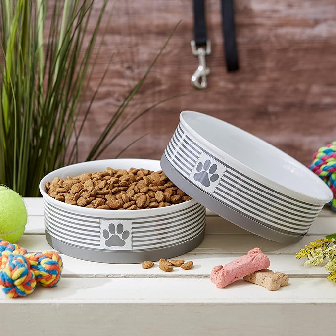 Bone Dry Paw & Patch Ceramic Pet Collection, Large Set, 7.5x2.4", Gray, 2 Piece