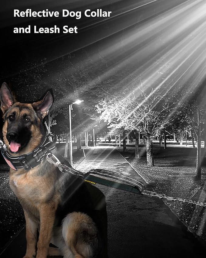 AUBELL Tactical Dog Collar and Leash Set, Reflective Adjustable Heavy Duty Military K9 Collars with Handle and Metal Buckle for Large Dogs, with Airtag Case and 2 Patches(Black,L)