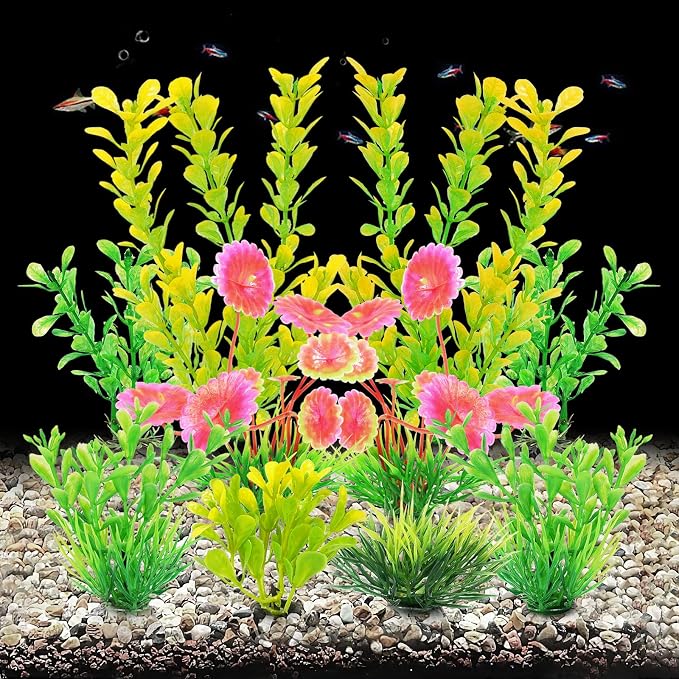 AQUANEAT Artificial Fish Tank Plants, Plastic Aquarium Decorations, Yellow Accessories, 10pcs