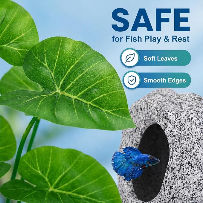 9 Fish Tank Decorations Set Aquarium Decor, Rock Cave Hideout, Artificial Aquarium Plants Plastic Betta Leaf Hammock Goldfish Betta Fish Tank Accessories Small Large Fish Bowl Ornaments