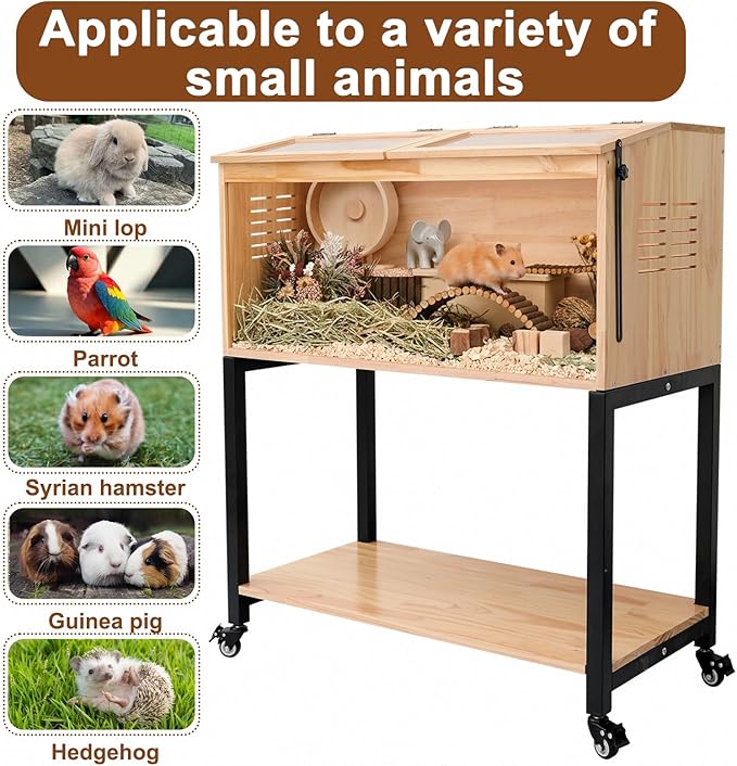 Wooden Hamster Cage with Storage Shelf, Large Hamster Cage, Pine, Guinea Pig Cages, 47.0" L x 20.0" W x 42.0" H Small Animal Cages with Stand & Wheels for Guinea Pig, Chinchilla, Rat, Bunny, etc.