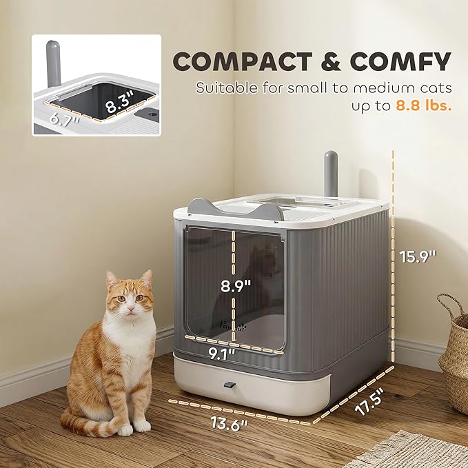 PawHut Cat Litter Box with Lid, Enclosed Litter Box for Medium Cats, Front-Entry and Top-Exit, Scoop, Deodorizer Bag, Easy Clean & Non-Sticky, Anti-Leakage, White
