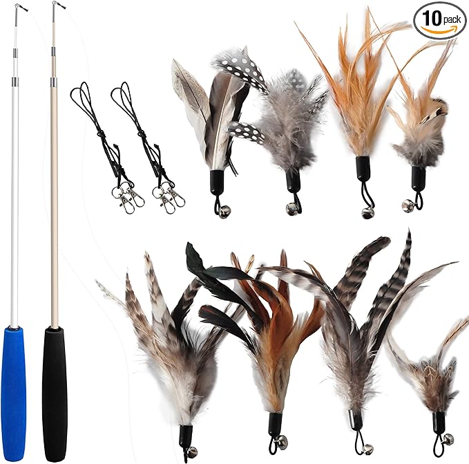 Cat Toys - No Chemical Dyeing Cat Feather Toys for Indoor Cats - Include Cat Wand and Natural Feather Refills