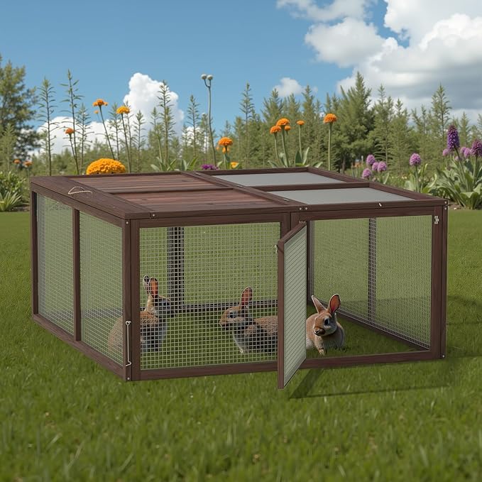 Chicken Coop, Wooden Rabbit Hutch Outdoor Indoor Folding Bunny Cage with Handle Portable Chicken Run with Top & Side Opening Doors Small Animal Playpen No Assembly Pet Poultry Cage for Bunny(Brown)