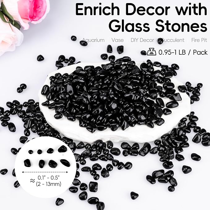 Meschett Colorful Glass Stones, 1 LB Fish Tank Gravel, Small Irregular Rainbow Aquarium Gravel for Aquarium Decorations and Turtle Tank, Sea Glass Beads Crystals for Fish Bowl, Vase Filler,Black