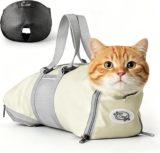 Cinf Cat Nail Clipping Cleaning Grooming Restraint Bag （Free Muzzle） No Scratching Biting for Bathing Nail Trimming Injecting Examining((Beige Gray,M)