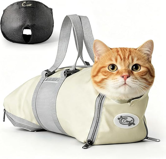 Cinf Cat Nail Clipping Cleaning Grooming Restraint Bag （Free Muzzle） No Scratching Biting for Bathing Nail Trimming Injecting Examining((Beige Gray,M)