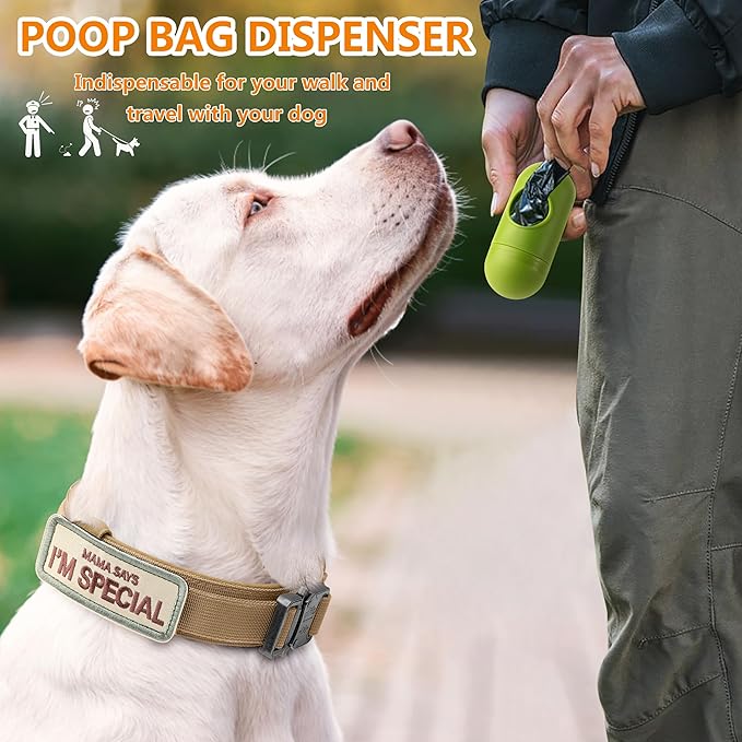 HYDEME Tactical Dog Collar Adjustable Nylon Collar with Control Handle and Heavy Metal Buckle for Medium and Large Dogs, with Patches&Airtags Case&Poop Bag Dispenser&Portable Bowl. (XL, Brown)