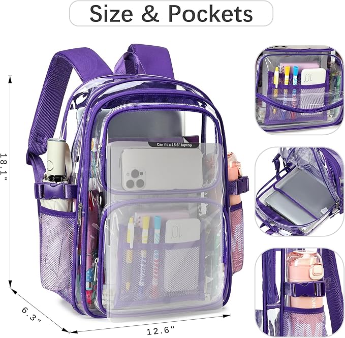 abshoo Large Heavy Duty Clear Backpack For School Bookbag Transparent Multi Pocket Backpacks for Girls (Dark Purple)
