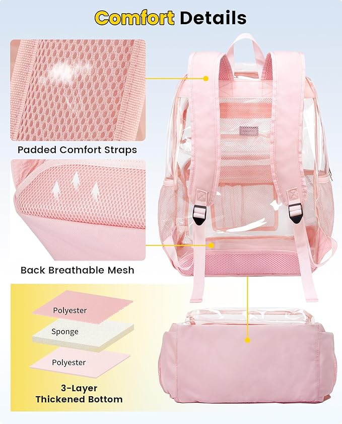 Vorspack Clear Backpack for School - Heavy Duty See Through Bookbag for Girls Boys Extra Large Transparent Backpacks for Work, Travel - Pink