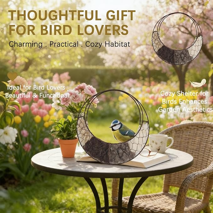 Bird Nesting Material, Hummingbird Nesters, Natural Alpaca Wool Material for Wild Birds, Design for Bird Lover Gifts, Refillable Outdoor Bird Nesting Station (Moon)