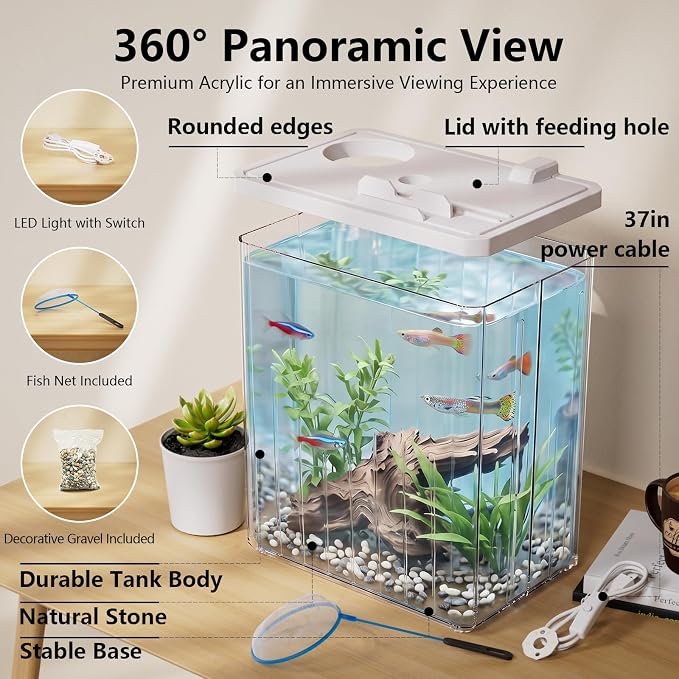 2 Gallon Betta Fish Tank Aquarium Starter Kit with Light and Lid(White) | Premium Acrylic Aquarium with Light and Lid, Crystal Clear Starter Kit for Betta Fish, Shrimp, Snails and Small Fish
