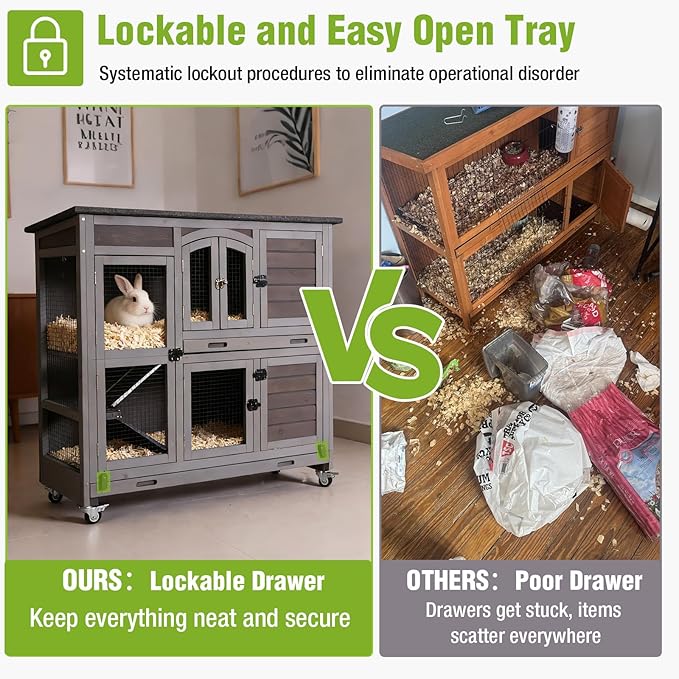 GUTINNEEN Rabbit Hutch Mobile Bunny Cage with Large Wheels, Chewproof Ramp, Leak Proof Trays – Ideal Cage for Rabbits, Guinea Pigs, Indoor/Outdoor Use, 44" L x 20" W x 41.5" H