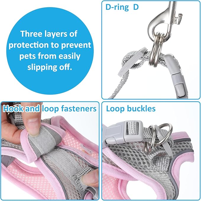 Bunny Harness and Leash Set Breathable Pet Rabbit Harness and Leash Set Soft Rabbit Leashes Reflective Strips Jacket Escape-Proof Walking Gear for Rabbits, Small Kitten, Puppy, Guinea Pigs (Pink,S)