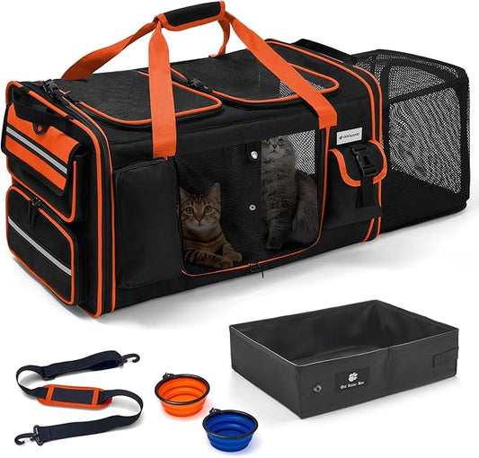 Expandable Extra Large Cat Carrier for 2 Cats with Litter Box for Kitten, Large Cat Small Dog Pet - Collapsible Double Cat Large Pet Carrier for Car Travel Outdoor Camping
