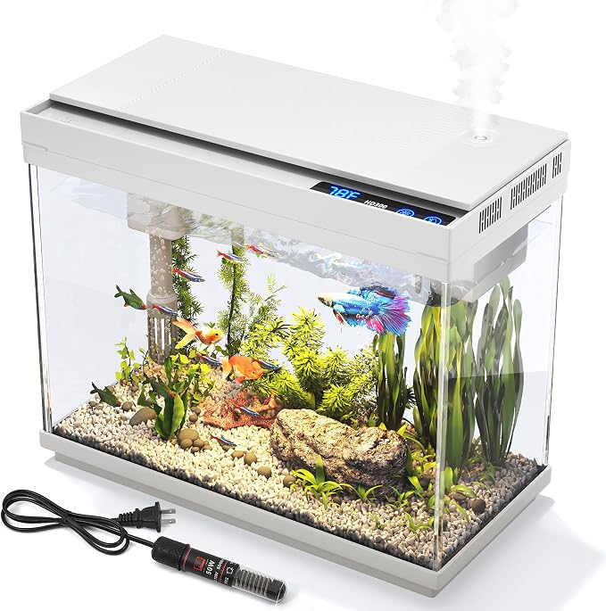 Vehipa 2.4 Gallon Betta Fish Tank, Heater and Humidifier | HD Glass, 3-in-1 Pump, Temperature Display, Timed 7-Color Lights