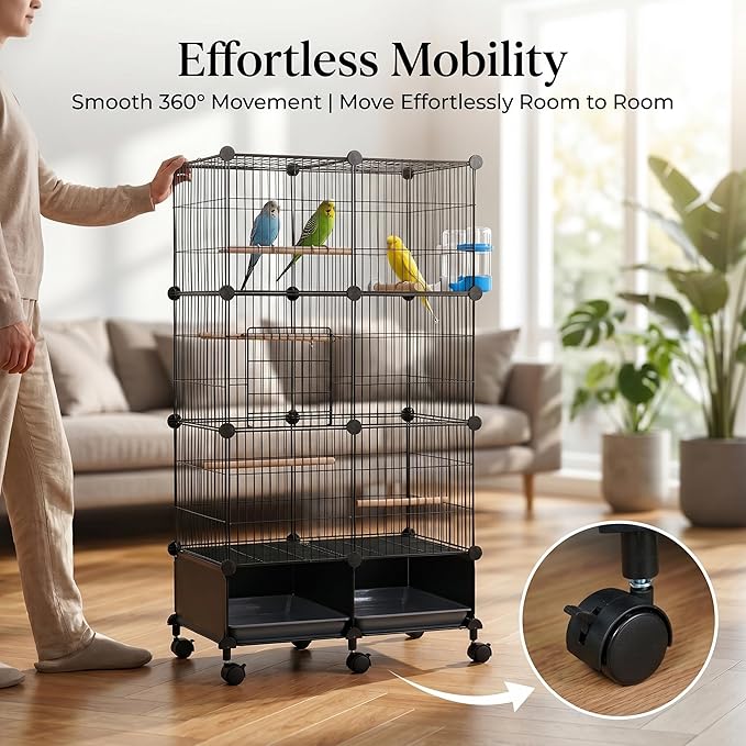 Large Bird Cage with Rolling Stand, 46x24x12 Inch Flight Cage for Parakeets, Cockatiels, Conures, Metal Wire Cage with Wooden Perches, Feeders, Wheels, Black