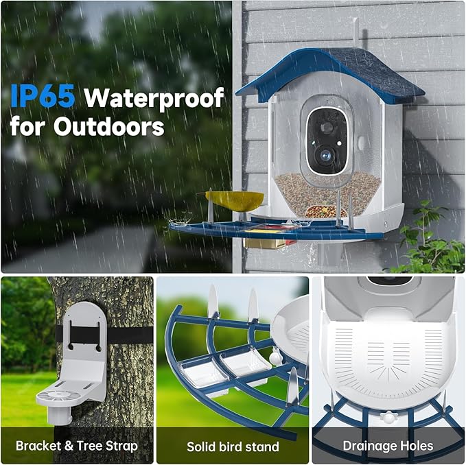 Smart Bird Feeder with Camera, 2K HD AI Identify Birds Species, Bi rd Watching Camera with Solar Panel, Instant Notifications, Ideal Present for Bird Lover, Dark Blue