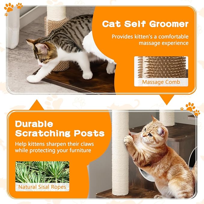Tangkula Tall Cat Tree, 71-Inch Cat Tower with Multi-Layer Platform, Modern Wood Cat Tree with Sisal Scratching Posts, Self Groomer, Cat Condo, Washable Cushions for Large Cats 20 lbs Heavy Duty