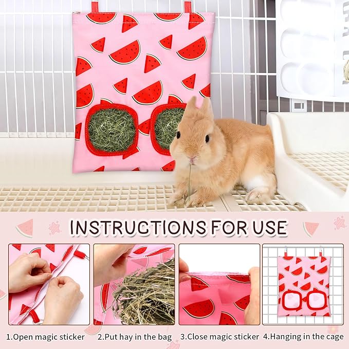 UPINS 3 Hay Bag for Rabbits 2-Hole Hanging Hay Feeder Guinea Pig Hay Bags, Hay Feeder for Rabbits Chinchillas Hamsters Small Pets and Animals(Fruit Pattern)