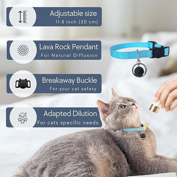 Natural Cat Stop Meowing Collar, Anti Meow Meow Deterrent Breakaway Collar, Vet-Approved & Pet-Safe (Light Blue - Copaiba)