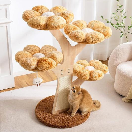Aesthetic Flower Cat Tree Tower with Scratching Post for Indoor Cats, 48" Modern Cat Tree with Wood Sculpted Branch, Flower Cat Beds, Scratching Board & Interactive Squeaky Toy, Sunset Brown