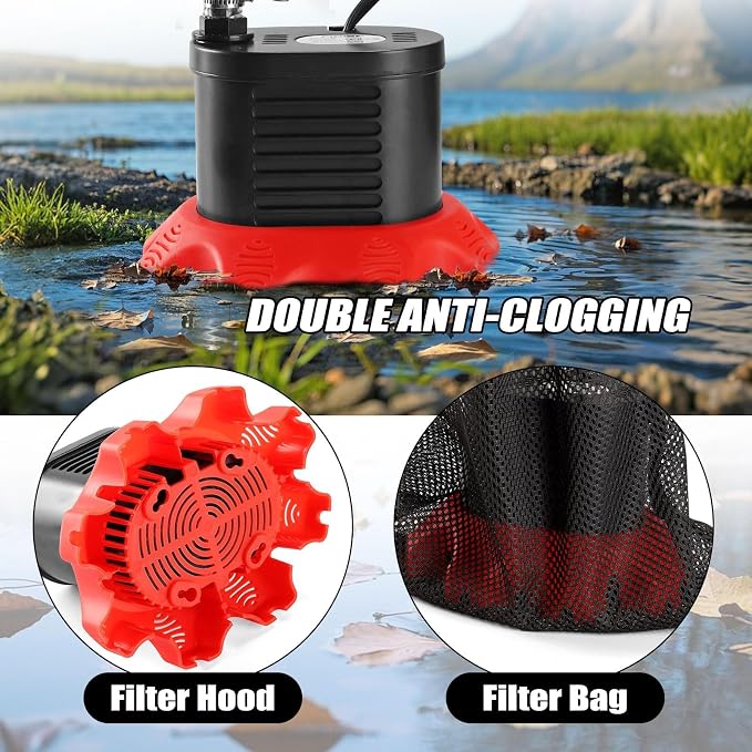 FIDISP Pool Cover Pump, 850 GPH Pool Water Pump with 20 FT Drain Hose | 4 Adapters, 25 FT Power Cord, Water Pump for Pool Draining for Drainage of Pool Covers, Ponds (Red)