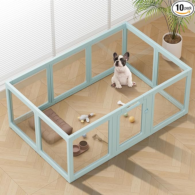 Clear Acrylic Dog Playpen Indoor, Puppy Cat Small Pet Play Pen, Pet Cat Playpen for Rabbits, Dog Fence Crate Kennel Whelping Cage (Green, 10 Panel)