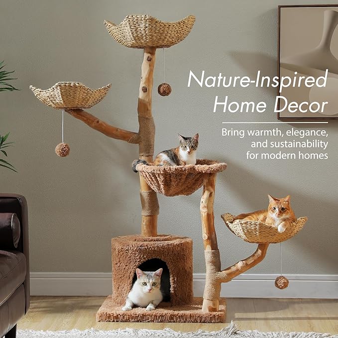 PAWZ Road Cat Tree for Indoor Cats Large Adults, 59 Inches Modern Cat Tower with 3 Large Baskets, Natural Solid Wood, Luxury Condo and Hammock, Modern Furniture for Big Cats, Brown