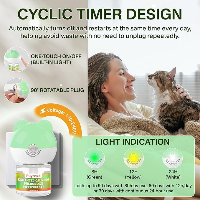 puyrzoe Cat Calming Diffuser with Timing Function, 3-in-1 Cat Pheromones Calming Diffuser Kit, 60-Day Anxiety Relief, Stress Relaxation Cat Pheromone Diffuser for All Cats (1 Diffuser + 2 Refills)