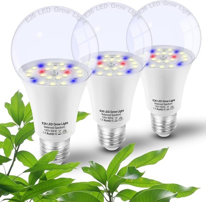 Led Grow Light Bulbs for Indoor Plants Full Spectrum E26 A19 | Grow LED Lamp 10W with Balanced 5000K Red Blue for Seeds Greens Laboratory,School,Greenhouse, Indore Garden, Hydroponic,3Pack