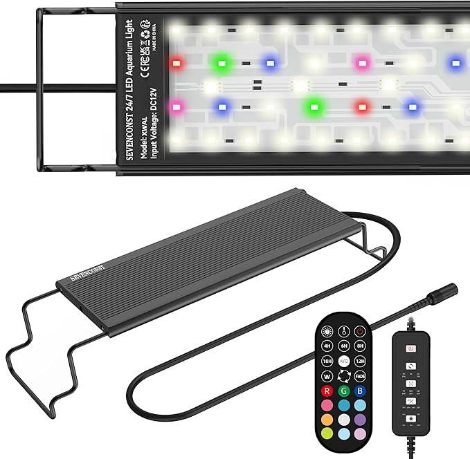 24/7 LED Aquarium Light with Remote for 12-18 Inch Plant & Fish Tank IP68, 12-Color & Gradient & Full Spectrum Light with Timer, Auto On/Off, Brightness, Extendable Brackets for Freshwater