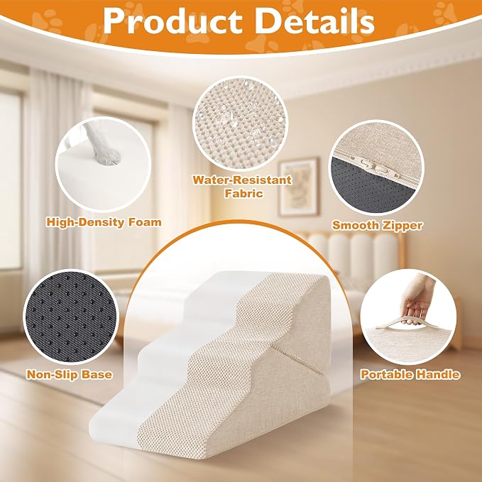 Dog Stairs for Small Dogs 16’’ H, 3-Step Dog Steps for Bed, Foldable Pet Stairs and Ramp for Dogs and Cats to Get on Beds, Couch, Non-Slip Balanced Pet Steps with Waterproof Cover, Beige