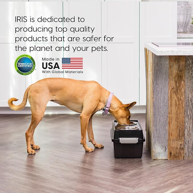 IRIS USA Dog Bowls Elevated with Storage, 9" H Raised Feeding Station with Airtight Food Container Holds Up to 13 lbs, Dog Bowl Stand for Small Dogs, Indoor Pet Feeder, Smoke/Black