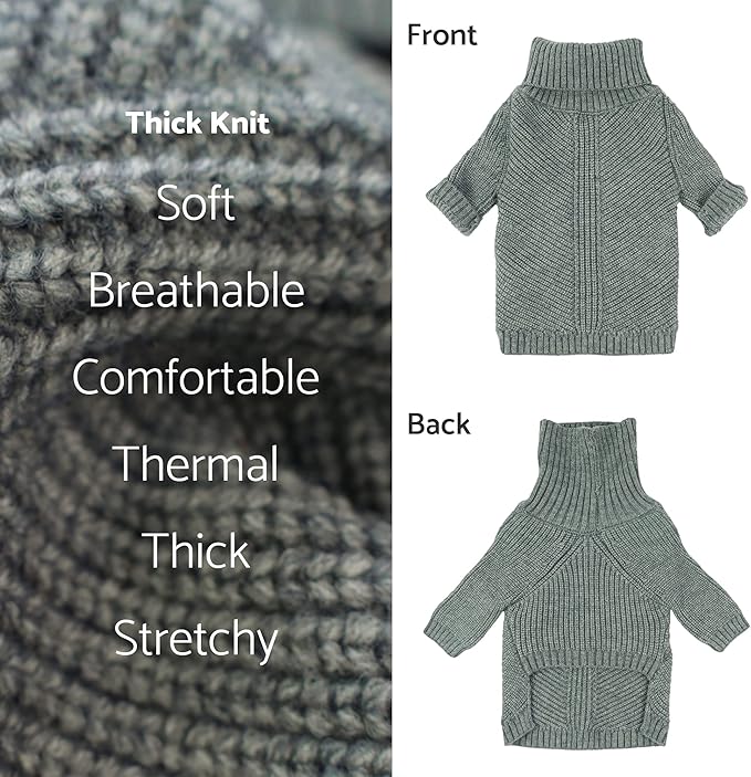 Fitwarm Dog Turtleneck Sweater, Thermal Knitted Pet Coat, Dog Winter Clothes for Small Dogs, Cat Apparel, Heather Grey, Large